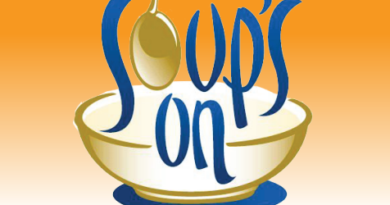 cartoon with "soup's on" with a spoon forming the "o" in "soup"