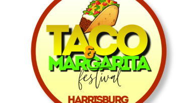 mainly yellow circle with red border with a taco and the words taco and margarita festival in the center, along with Harrisburg