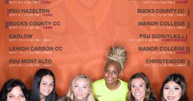 Eleven women in dark jerseys on poster with orange background and soccer schedule for 2023