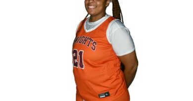 Young woman with braided ponytail in an orange-on-black basketball uniform with Knights and No. 21 on the front of the jersey.
