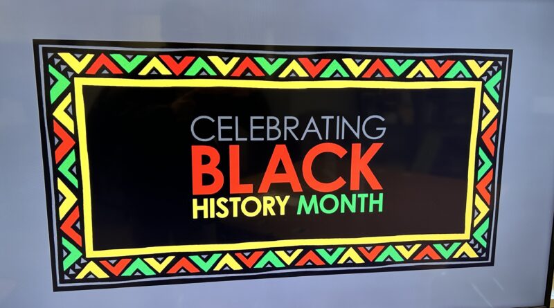 Black horizontal rectangular poster with Celebrating Black History Month in green, red, yellow and black, with a border of the same colors.