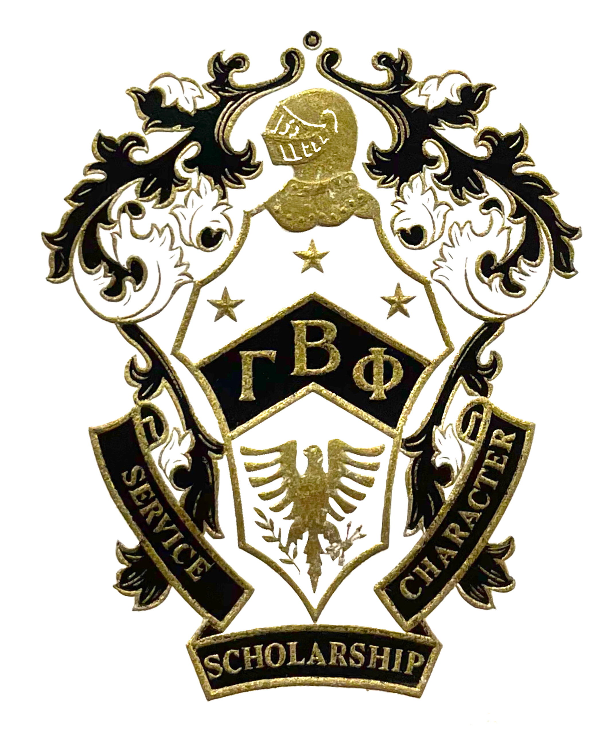 Fancy black and gold coat-of-arms logo of Gamma Beta Phi national college honor society.