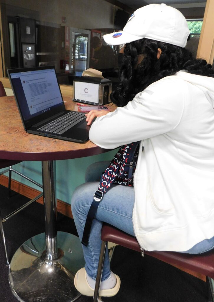 Woman inside at laptop