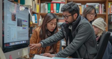 A man with dark hair and with dar-framed eyeglasses, and wearing a gray jacket open in the front, is looking at a large computer screen with data and text displayed on it in a library. Looking at the desk in front of him is a young woman with long dark hair and who is wearing a dark tan jaket. Behind him is a young woman with long hair and glasses and a eprson with long blond hair under a white pulldown winter hat.