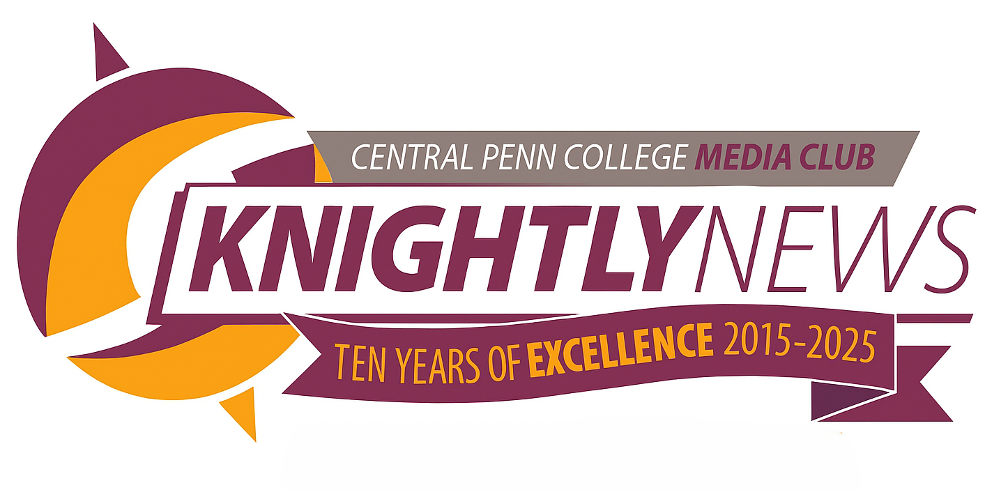Maroon-and-orange, with white highlight, banner of The Knightly News Media Club at Central Penn College, marking 10 years.