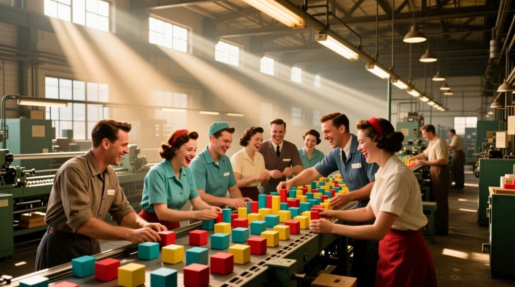 Smiling women and men in colorful clothing in a factory of some kind in the 1950s. 