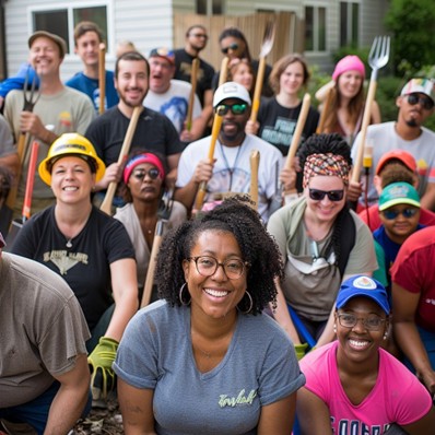 A group of diverse people together, holding gardening tools. Volunteers.