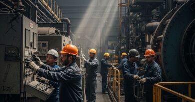 Menin hardhats in a U.S. factory, at the controls of huge machinery, with sunlight streaming through multipaned windows high on a back wall. AI image from Stockcake.com
