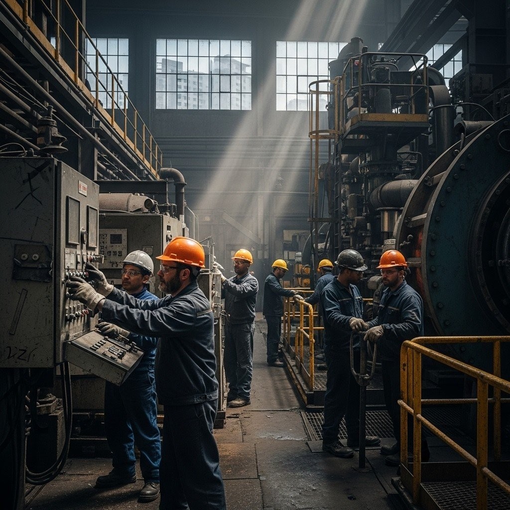 Workers in a large factory with huge machinery and catwalks, with large many-paned windows streaming shafts of sunlight.
