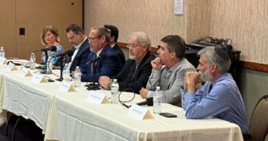 From right, Ron Muroff, rabbi of Chisuk Emuna Congregation, Harrisburg; Mike Martine, senior pastor of Trinity Luthern, Mount Joy; Brad Hoge, Chad Hogue, senior pastor at New Hope Church (Brethren in Christ), Harrisburg; Eric Failing, executive director of the Pennsylvania Catholic Conference; partially hidden is Dillon Epler, St. John’s Evangelical Lutheran Church, Tamaqua; Dauphin County Commissioner Justin Douglas; and Samantha Bise, professor of humanities and social sciences at Penn State Hazelton and Lehigh Valley, and at Lehigh Carbon Community College. Photo by Diane McNaughton
