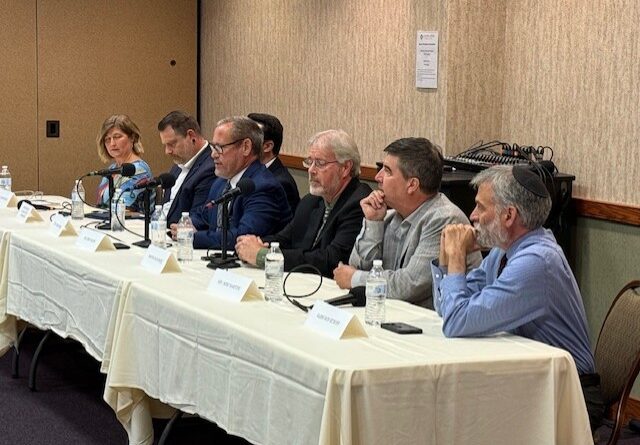 From right, Ron Muroff, rabbi of Chisuk Emuna Congregation, Harrisburg; Mike Martine, senior pastor of Trinity Luthern, Mount Joy; Brad Hoge, Chad Hogue, senior pastor at New Hope Church (Brethren in Christ), Harrisburg; Eric Failing, executive director of the Pennsylvania Catholic Conference; partially hidden is Dillon Epler, St. John’s Evangelical Lutheran Church, Tamaqua; Dauphin County Commissioner Justin Douglas; and Samantha Bise, professor of humanities and social sciences at Penn State Hazelton and Lehigh Valley, and at Lehigh Carbon Community College. Photo by Diane McNaughton