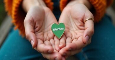 Hands cupping a gold-rimmed green heart-shaped pin that has "Volunteer" written in the middle in white.