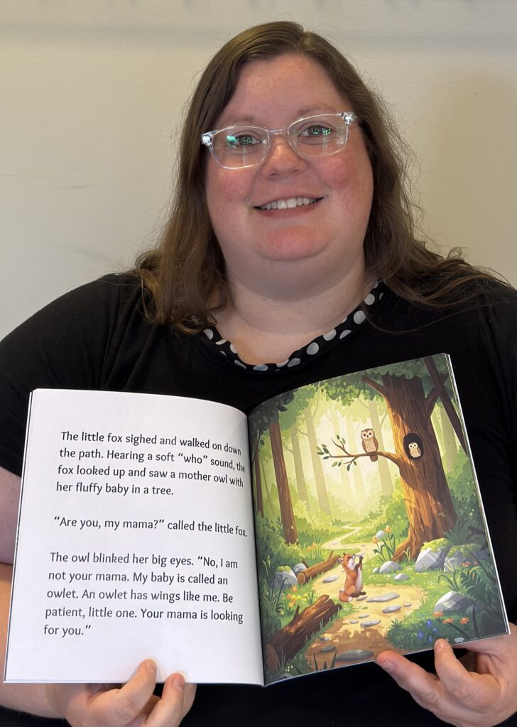 Smiling woman with long dark-blond hair and and wearing clear-framed eyeglasses, and who is wearing a black top with white polka dots at the neck She is holding a book open in front of her, on her lap. The book shows a bright forest scene on the left-hand page (right facing the viewer) in which a small red fox is sitting and appears to be talking to an owl on a branch above, and to another owl in a hole in the tree, at the trunk end of the branch. The opposite page has three paragraphs in large print th the story narrative of "The Fox and the Poppy." The woman is Colleen Hiltl, who wrote and illustrated the book, which was published in March.