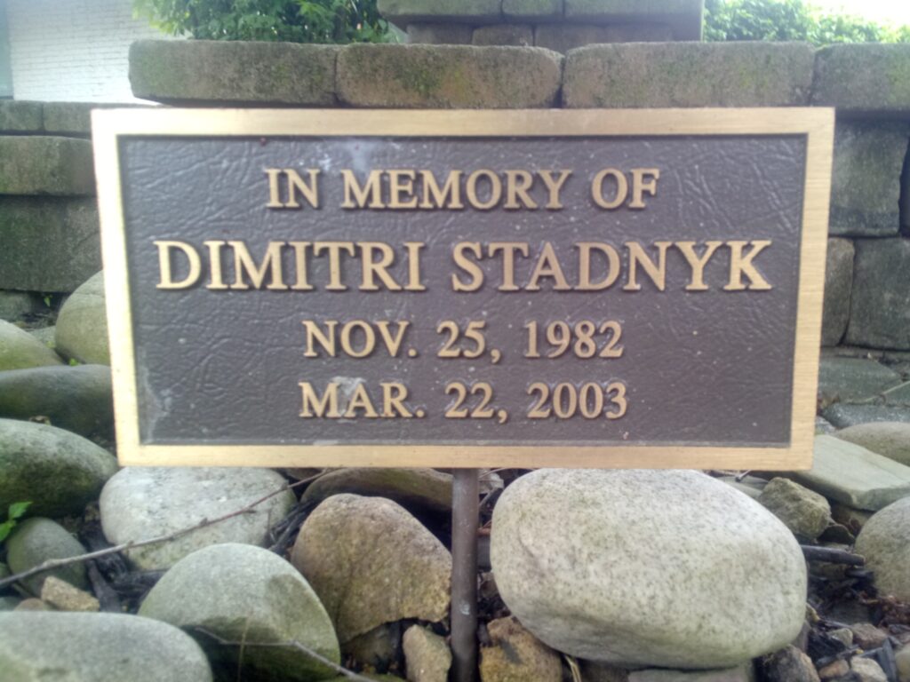 Bronze small rectangular memorial plague, with black background with gold border and letters and numerals that say In Memory of Dimitri Stadnyk Nov. 25,1982, Mar. 22, 2003