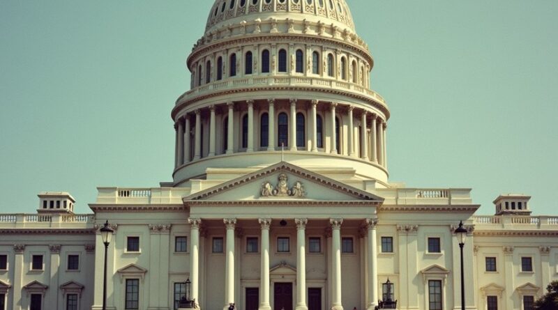Image of the U.S. Capitol, with some people on the sidewalk in front, looking at the entrance, and some people on upper parts of the steps leading to the entrance.