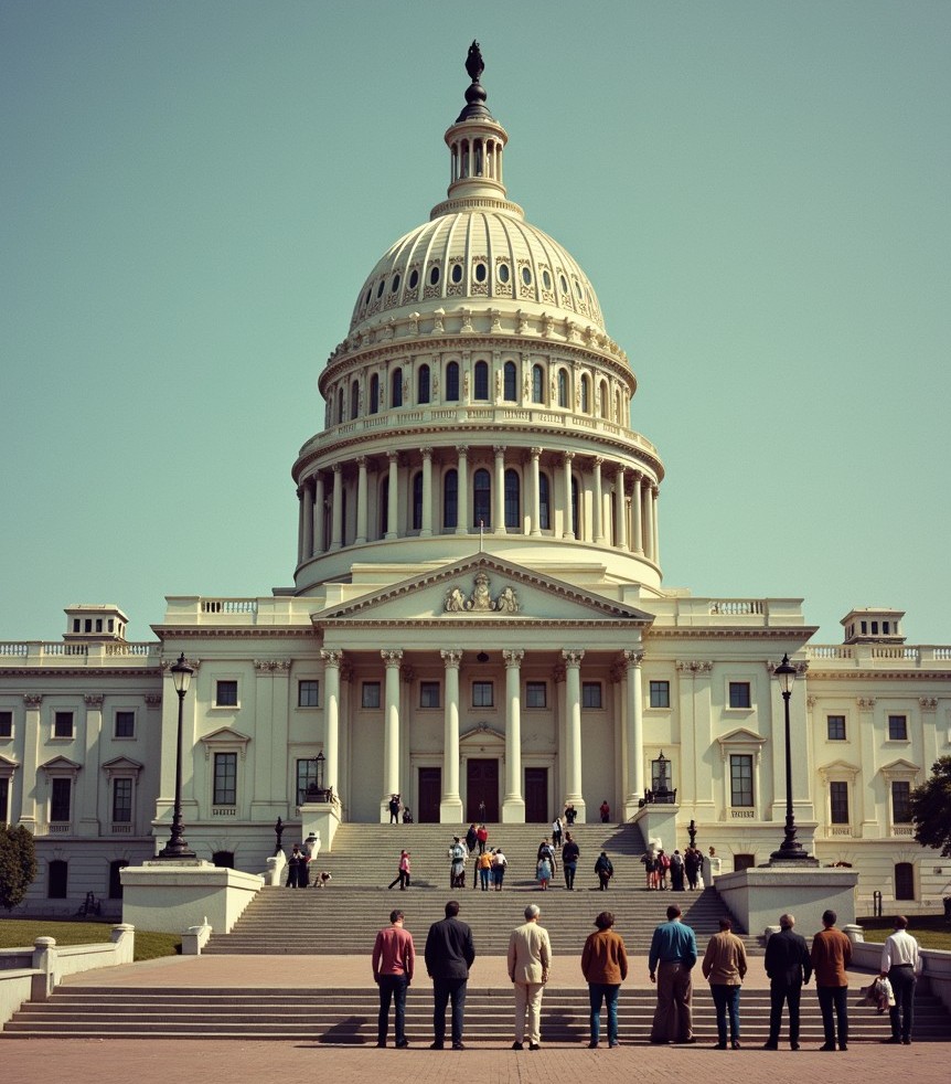 Image of the U.S. Capitol, with some people on the sidewalk in front, looking at the entrance, and some people on upper parts of the steps leading to the entrance.