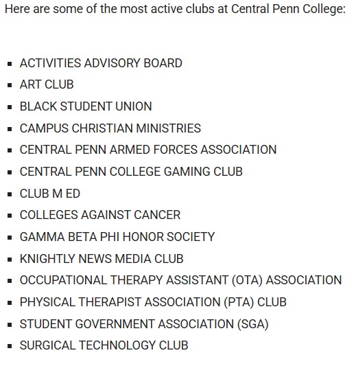 List of the most acvtive clubs at Central Penn College
