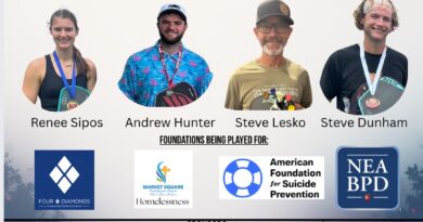 Four people featured left to right on a poster about a pickleball game to set a world record at the Ace Pickleball Club in Enola on Nov. 28.