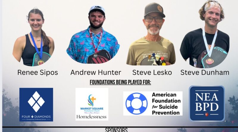 Four people featured left to right on a poster about a pickleball game to set a world record at the Ace Pickleball Club in Enola on Nov. 28.