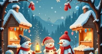 Winter night scene with a snowman and snowwoman in front of some houses.