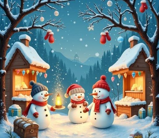 Winter night scene with a snowman and snowwoman in front of some houses.