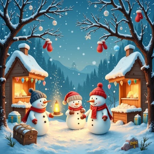 Winter night scene with a snowman and snowwoman in front of some houses.