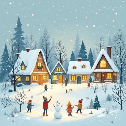 Adults and children in a snowy clearing in front of a few houses. Snowman there. Winter scene.