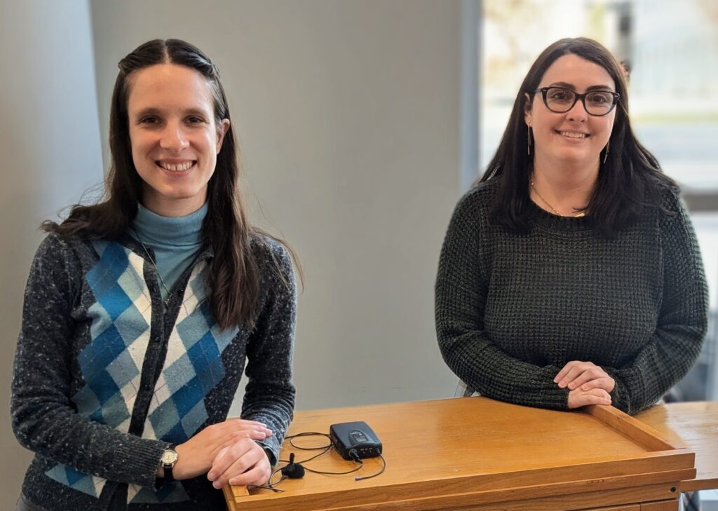 Margaret Schachte, left, and Cassandra Dwyer at a recent college librarians' meeting.