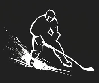 White sketch of hockey player moving the puck down the ice.