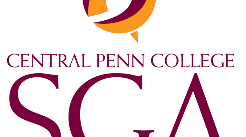Central Penn College Student Government Assocaition SGA logo -- those words and abbreviation -- in maroon on white background, with a maroon-and-gold styled globe, a Central Penn College trademark, above.