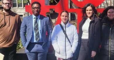 Five people from Central Penn College in front of the Love statue in Center City Philadelphia, where they attended a mock-trial competiton at the University of Pennsylvania and which they helped to jiudge.