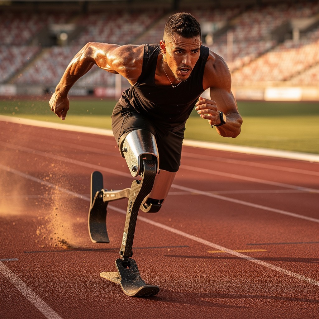 Man in track-and-field uniform sprinting on blade prosethetic legs. AI-gemerated image from Stockcake.com