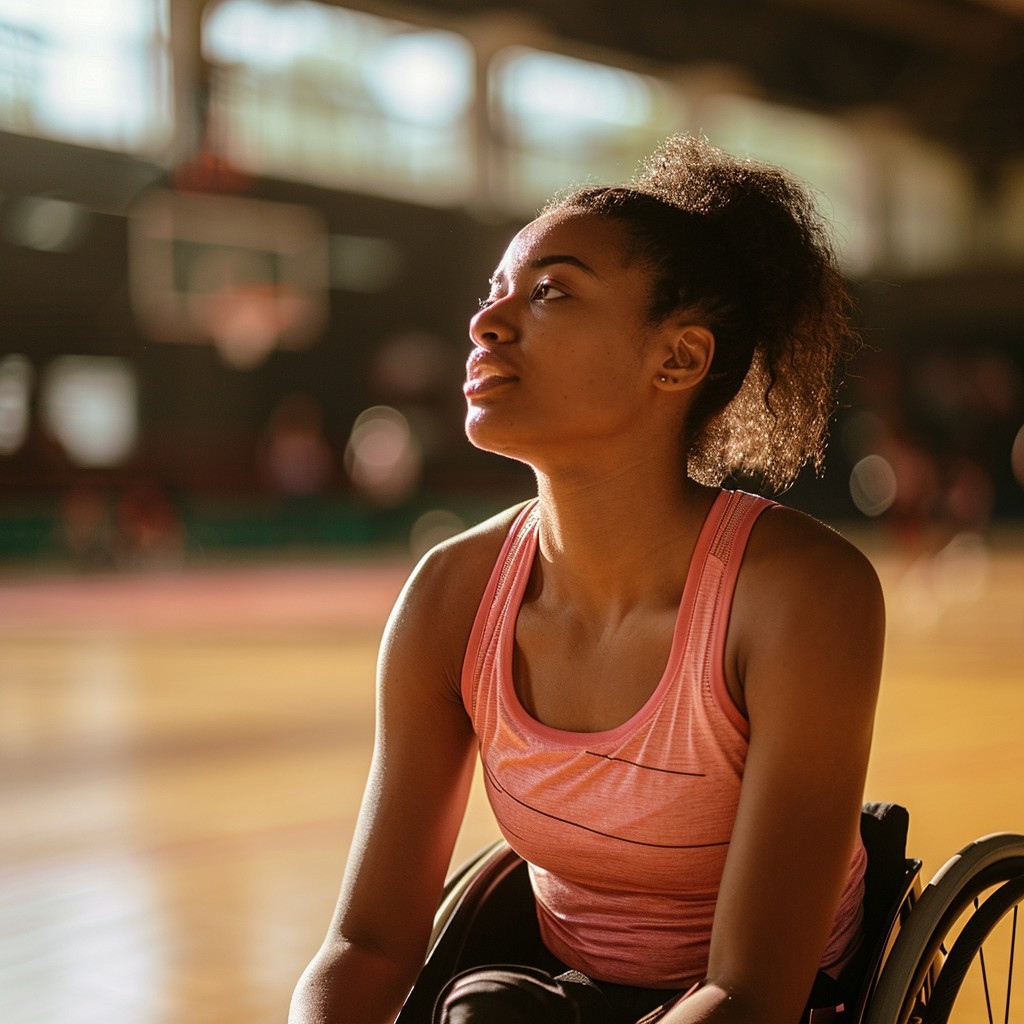 Young woman in a wheelchair on a basketball court. AI-generated image from Stockcake.com