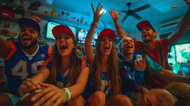 Young men and women in a lounge, who are dressed in sports-team jerseys and caps, cheering on a team they're watching on a wall-mounted wide-screen TV.