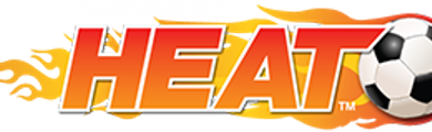 A centered image of a soccer ball to the right, with orange and yellow flames extending behind it and the HEAT in the middle, with red at the top of the letters and shading from medium orange to light orange at the bottom. The logo for the Harrisburg (Pennsylvania) Heat professional men's soccer team.