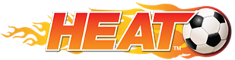 A centered image of a soccer ball to the right, with orange and yellow flames extending behind it and the HEAT in the middle, with red at the top of the letters and shading from medium orange to light orange at the bottom. The logo for the Harrisburg (Pennsylvania) Heat professional men's soccer team.