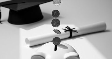 Hand at the top of the frame dropping old U.S. dollar coins into a white piggy bank on a white surface. A scrolled-up diploma with a thin black ribbon tied around the middle and a black mortarboard cap are in the background. The illustration is black and white, with a slight gray-tone tinge.