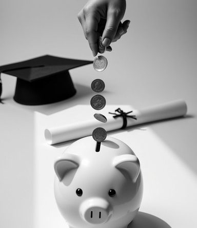 Hand at the top of the frame dropping old U.S. dollar coins into a white piggy bank on a white surface. A scrolled-up diploma with a thin black ribbon tied around the middle and a black mortarboard cap are in the background. The illustration is black and white, with a slight gray-tone tinge.