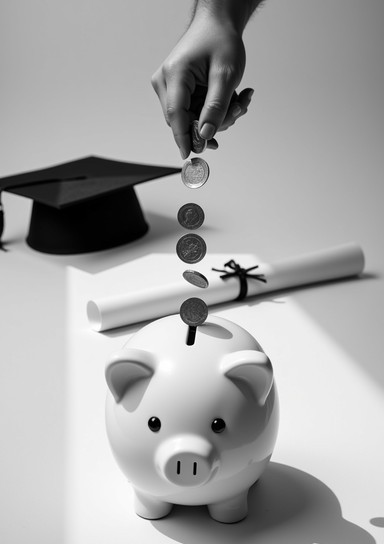Hand at the top of the frame dropping old U.S. dollar coins into a white piggy bank on a white surface. A scrolled-up diploma with a thin black ribbon tied around the middle and a black mortarboard cap are in the background. The illustration is black and white, with a slight gray-tone tinge.